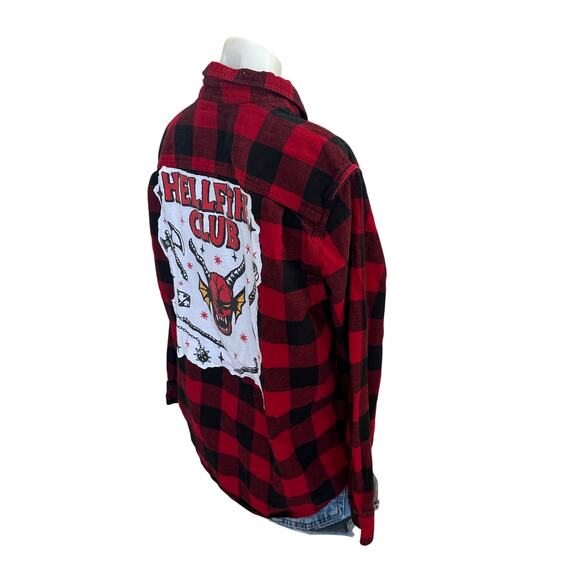 Hellfire Club Plaid Flannel Shirt LARGE Oversized Upcycle Unique Stranger Things - Picture 3 of 6